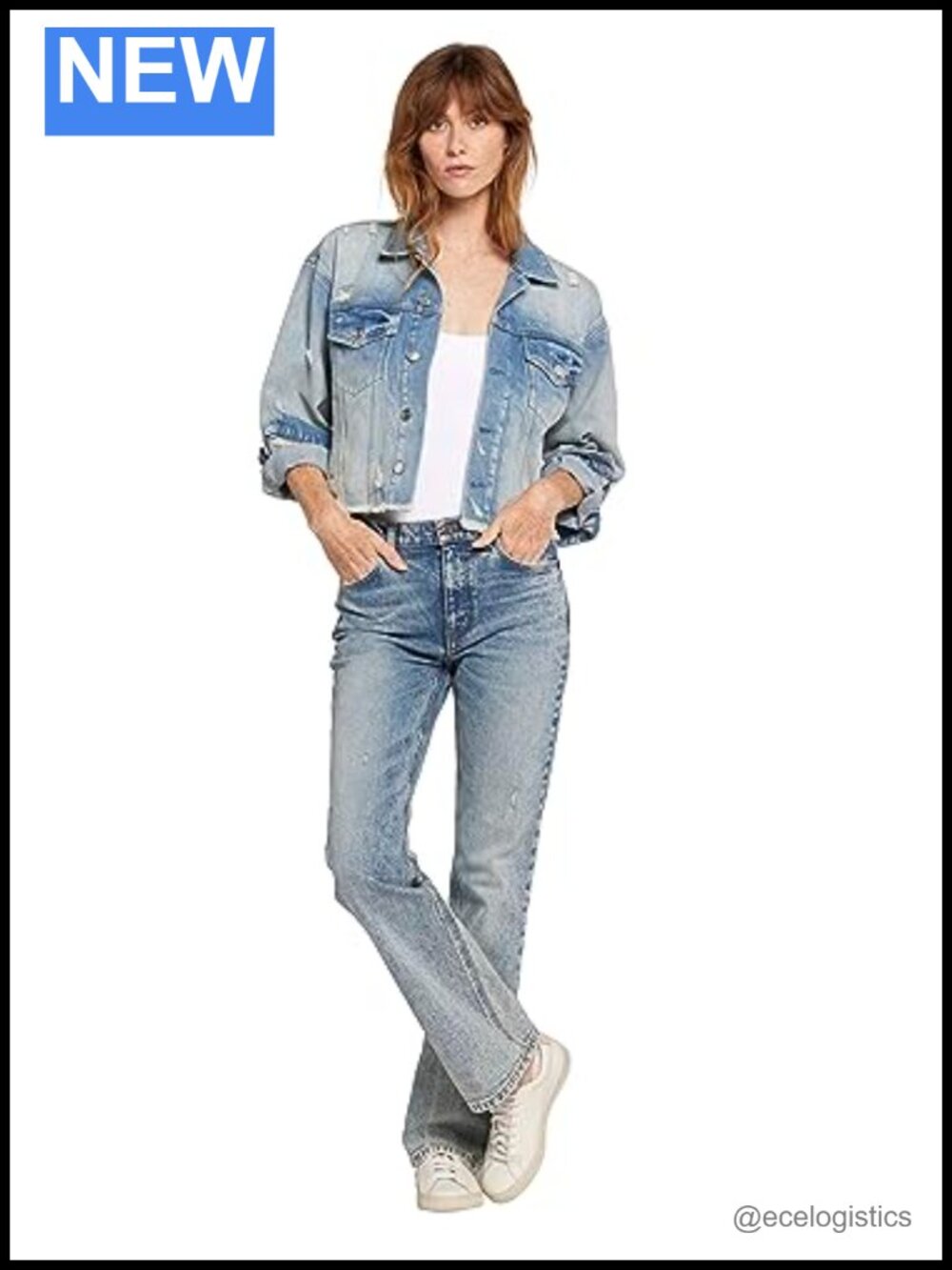 Cropped Denim Jacket with Distressed Patches, 100% Cotton, Button Closure